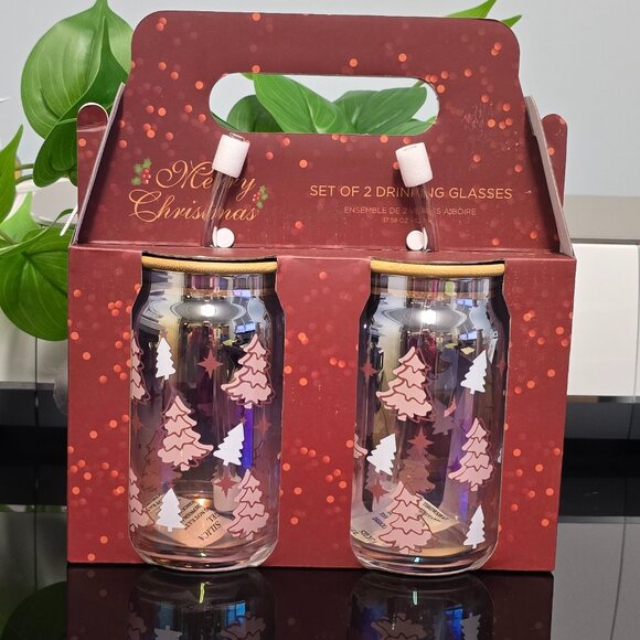 NWT Pink Christmas Tree Drinking Glasses - Set of 2 - Picture 1 of 3